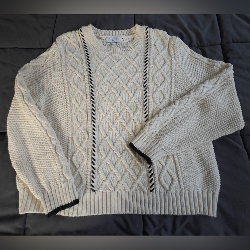 La Ligne Cable-knit Crewneck Sweater Ivory Black Detail Cotton Blend XL